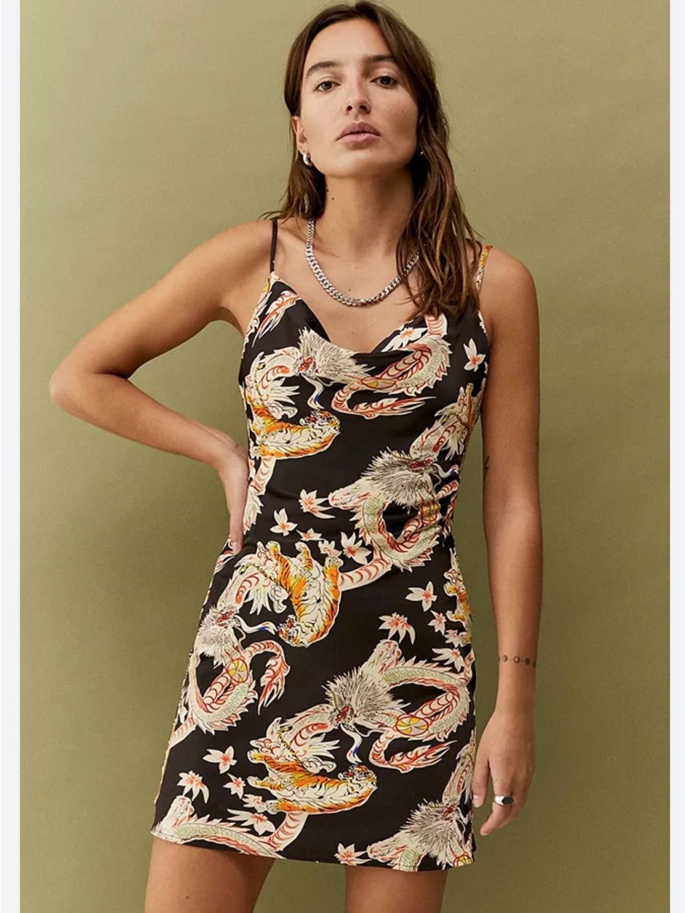 Urban Outfitters Mallory Black Dragon-Print Slip Dress medium